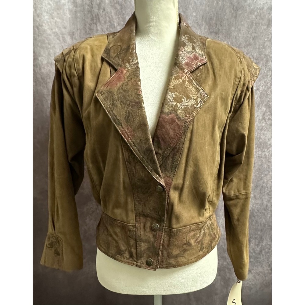 Suzies Fashion Vintage 80s Leather Floral Tapestry Suede Jacket Tan Brown Small